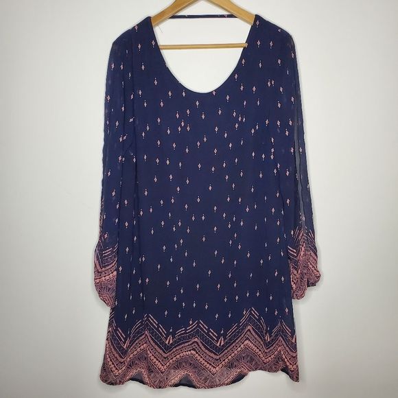 Jolt Dresses & Skirts - Jolt Navy Blue Southwestern Shift Long Split Balloon Sleeve Mini Dress Size XL